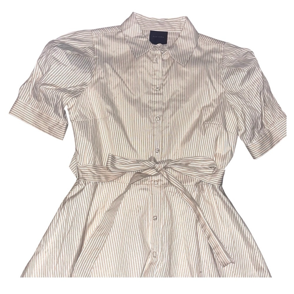 Alex Marie Dress Women’s 4 Beige White Striped Button Up Short Sleeve Midi - Picture 2 of 4
